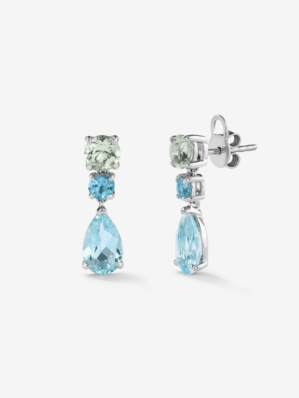 Pendientes de plata con amatista verde brillante y topacio azul swiss