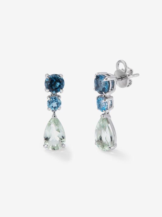 Pendientes de plata 925 con 2 topacios azul london, 2 topacios azul swiss y 2 amatistas verdes