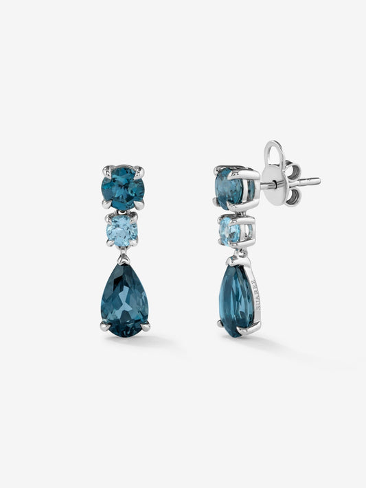 Pendientes de plata 925 con topacios azul london en talla pera de 2,56 cts y en talla brillante de 1,4 cts, y topacios azul swiss en talla brillante de 0,57 cts