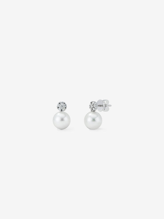 Pendiente de oro blanco de 18k con perla autraliana de 8 mm y diamante