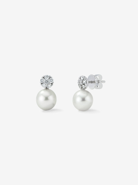 Pendiente de oro blanco de 18k con perla akoya de 8,5 mm y diamante