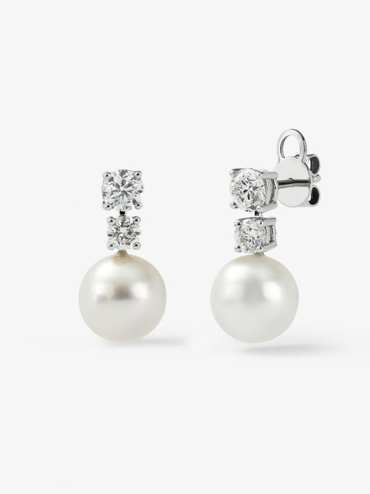 Pendientes de oro blanco de 18K con perlas de 9,5mm y diamantes en talla brillante de 1,21 cts