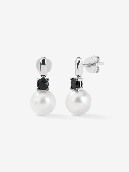 Pendientes de plata 925 con 2 espinelas negras en talla brillante y perlas akoya de 8,5mm