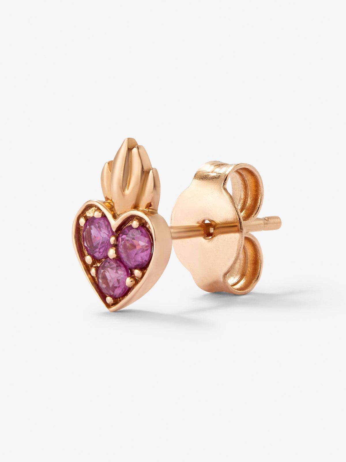 Pendiente individual corazón de oro rosa de 18kt con zafiros rosas de 0,14cts