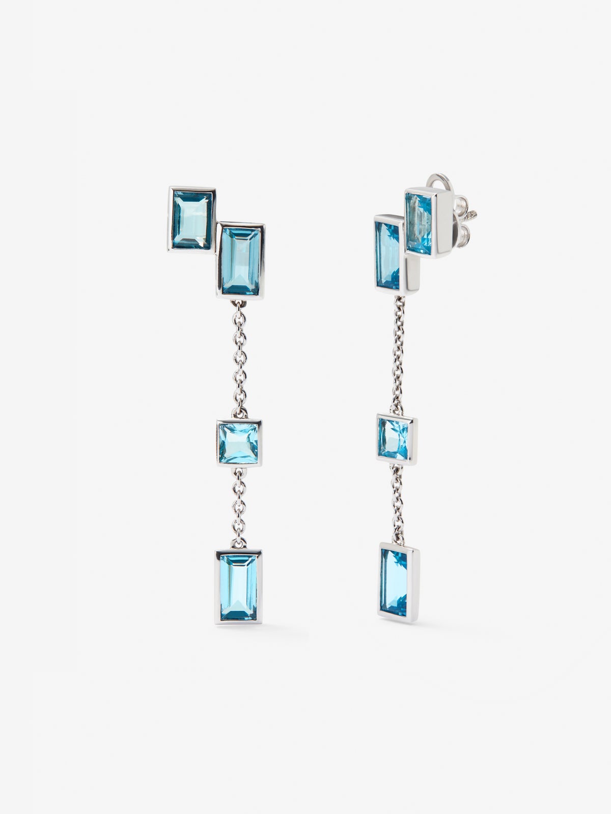 Pendientes largos de plata 925 con topacios azul London en talla baguette con un total de 7,2 cts