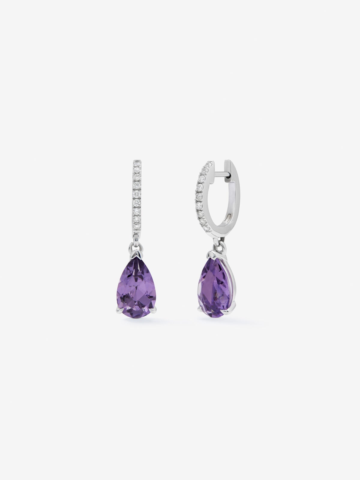 Pendientes de aro con colgante de oro blanco de 18K con amatista y diamante