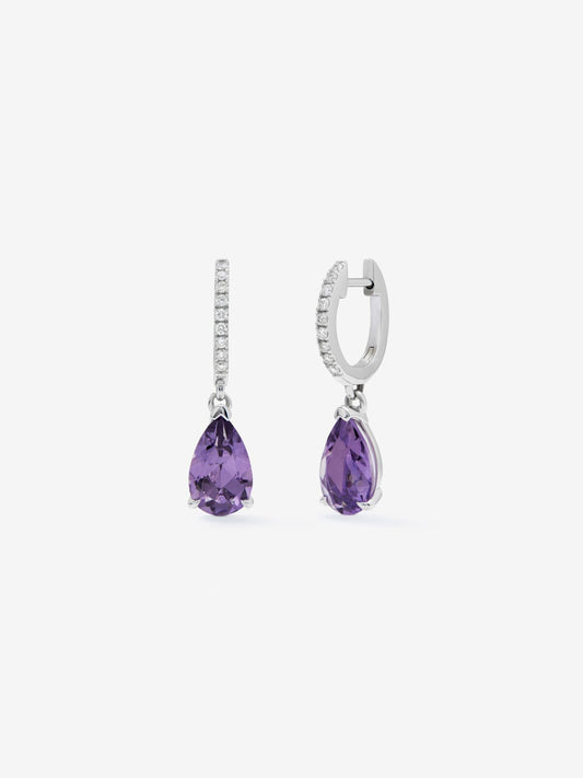 Pendientes de aro con colgante de oro blanco de 18K con amatista y diamante