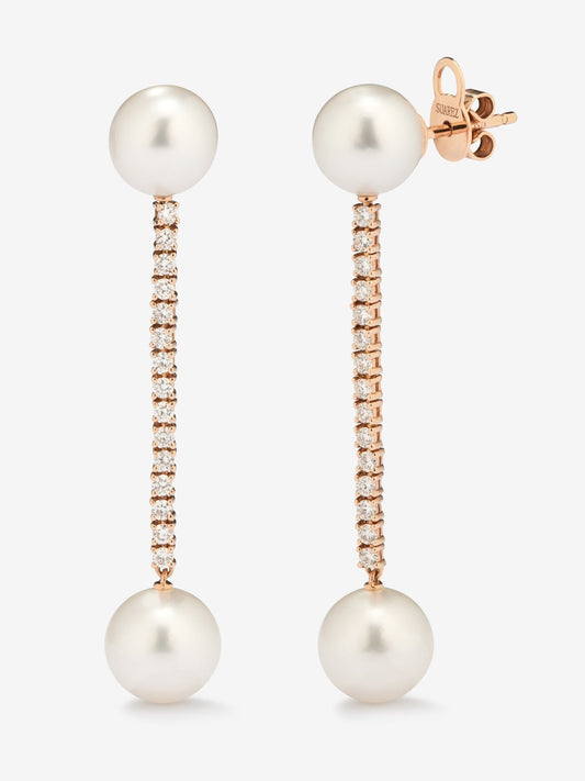 Pendientes colgante largo de oro rosa de 18K con diamante y perla