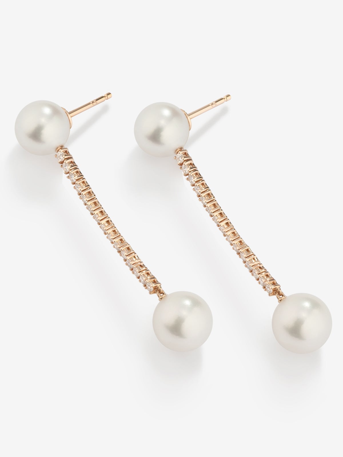 Pendientes colgante largo de oro rosa de 18K con diamante y perla
