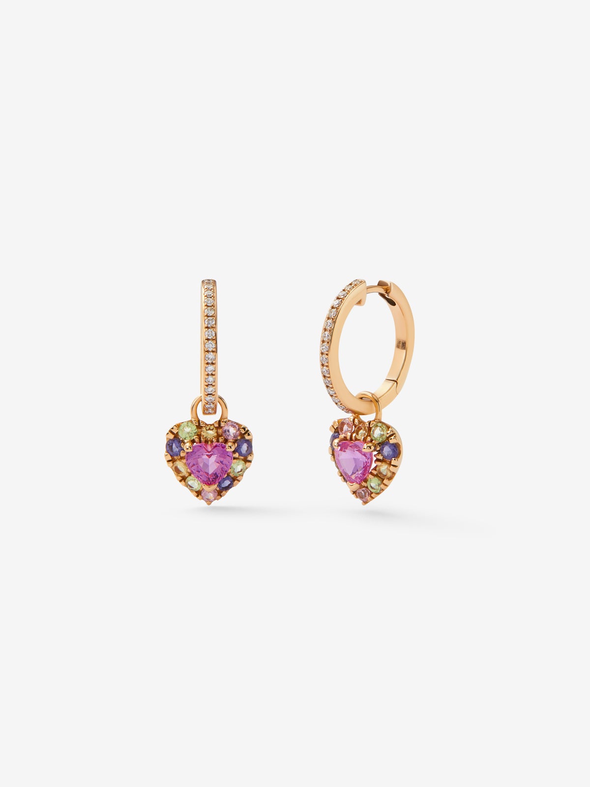 Pendientes de aro de oro rosa de 18K con 22 zafiros multicolor con un total de 1,7 cts y 30 diamantes blancos en talla brillante con un total de 0,14 cts