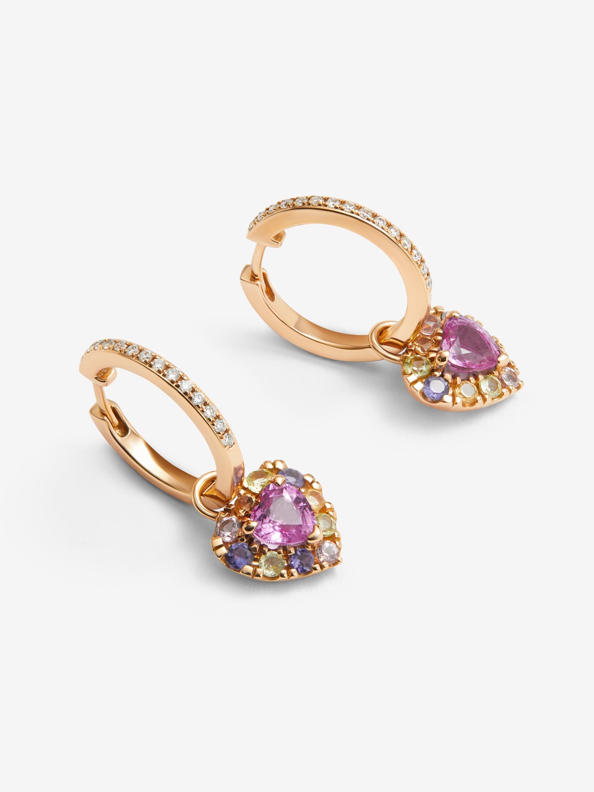 Pendientes de aro de oro rosa de 18K con 22 zafiros multicolor con un total de 1,7 cts y 30 diamantes blancos en talla brillante con un total de 0,14 cts
