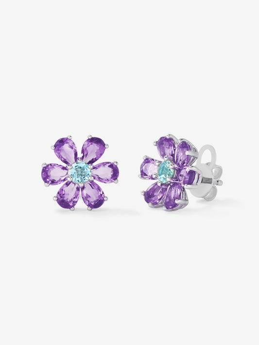 Pendientes flor de plata 925 con topacio y amatista