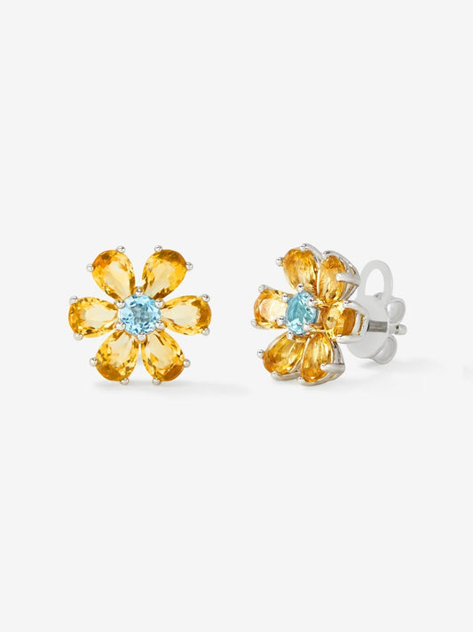 Pendientes flor de plata 925 con topacios azul swiss y cuarzos citrinos amarillos