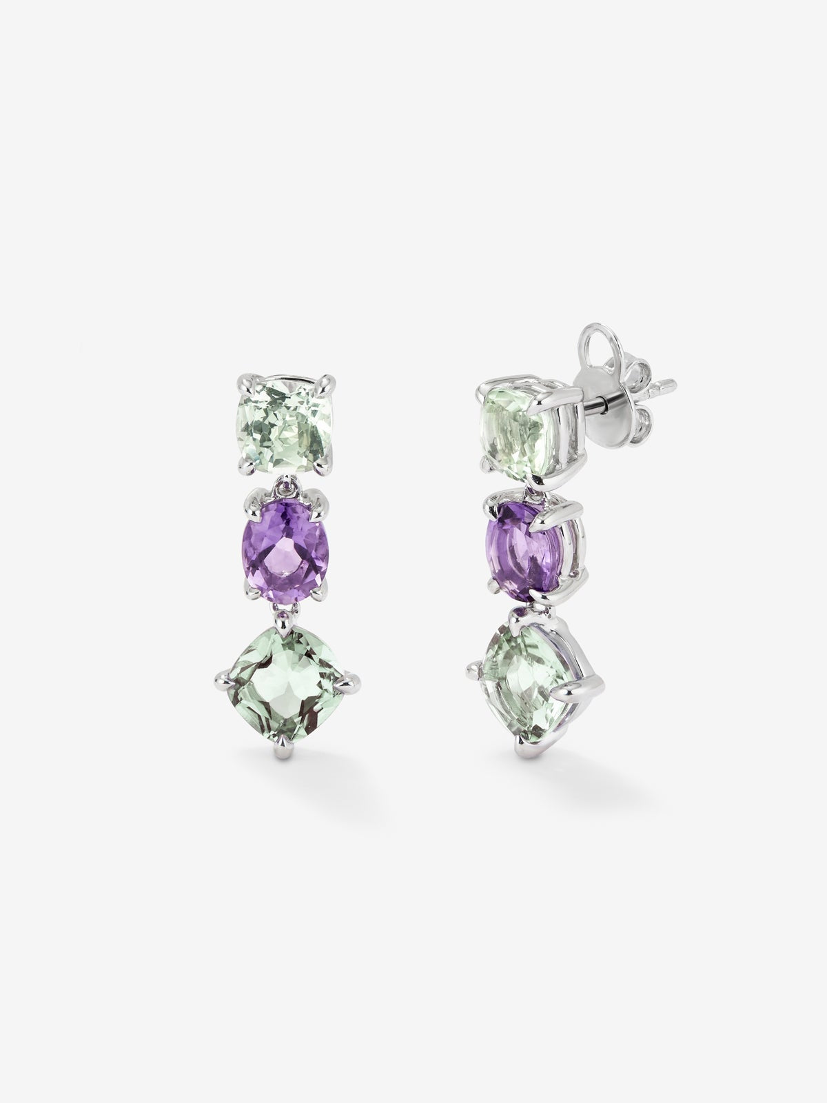 Pendientes de plata 925 con amatistas verdes y moradas en talla cushion y oval de 5,94 cts