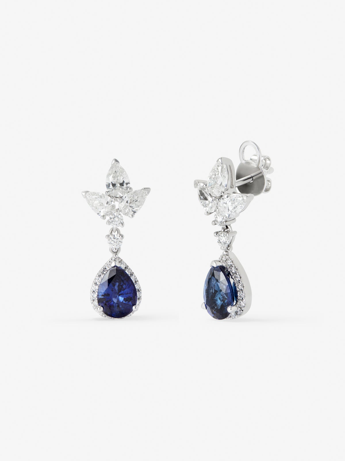Pendientes de oro blanco de 18K con 2 zafiros rosas en talla pera con un total de 5,25 cts, 6 diamantes en talla con un total de 1,2 cts y 4 en talla brillante con un total de 0,14 cts