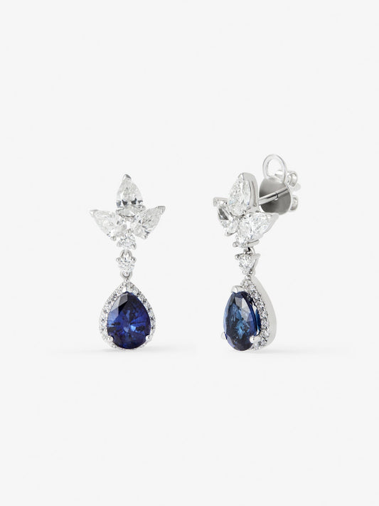 Pendientes de oro blanco de 18K con 2 zafiros rosas en talla pera con un total de 5,25 cts, 6 diamantes en talla con un total de 1,2 cts y 4 en talla brillante con un total de 0,14 cts