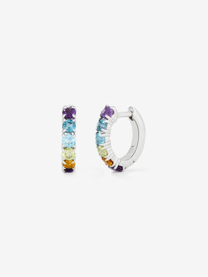Pendientes aro pequeño fino de plata 925 con gemas multicolor