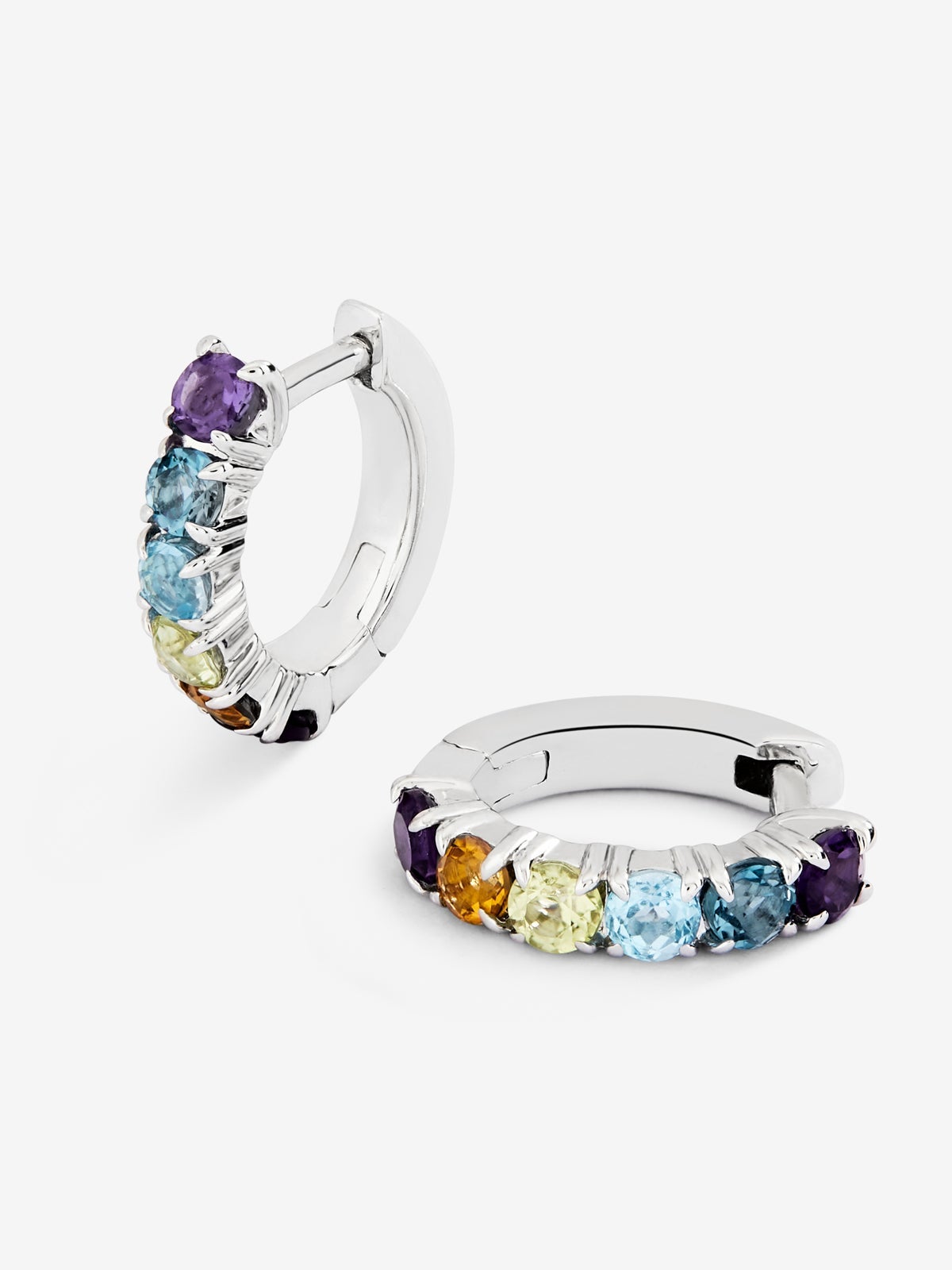 Pendientes aro pequeño fino de plata 925 con gemas multicolor
