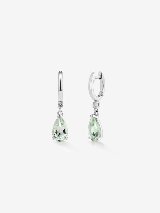Pendientes aro de plata 925 con amatista verde y diamante colgante