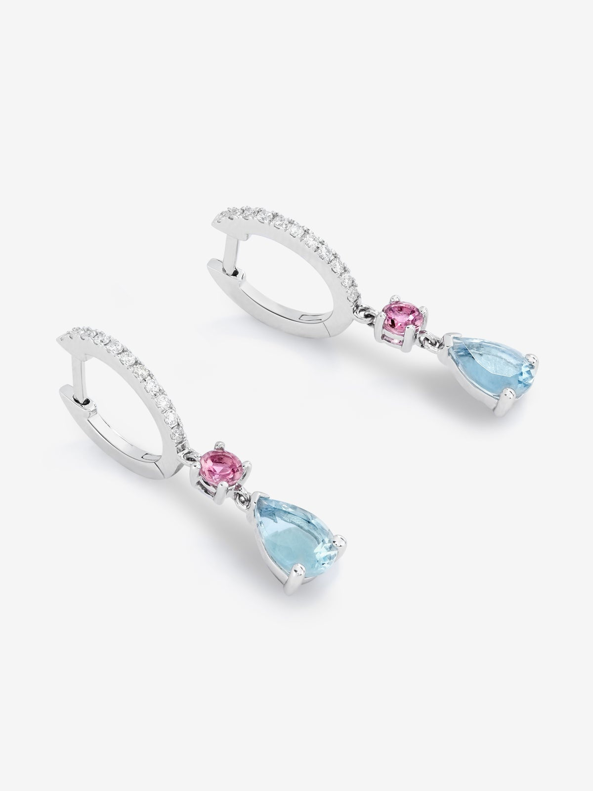 Pendientes de aro con colgante de oro blanco de 18K con aguamarina y turmalina