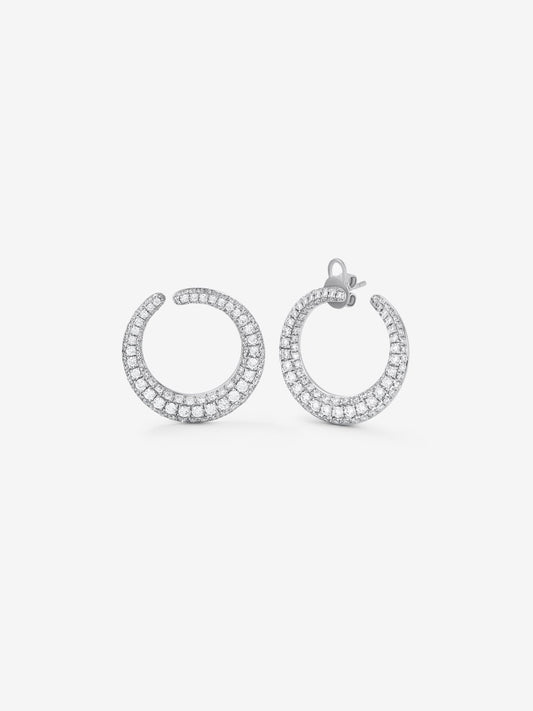 Pendientes de aro abiertos pequeños de oro blanco de 18K con pavé de diamantes