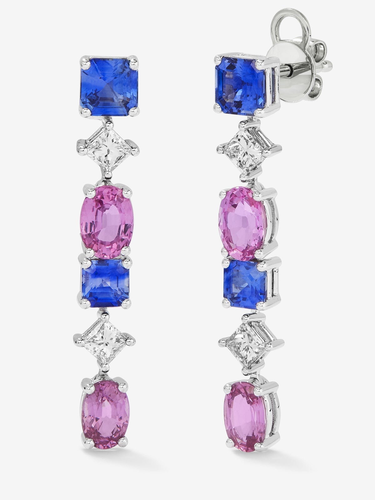 Pendientes de oro blanco de 18K con zafiros azules en talla octogonal de 2,19 cts, zafiros rosas en talla oval de 2,96 cts y diamantes blancos en talla princesa de 0,65 cts