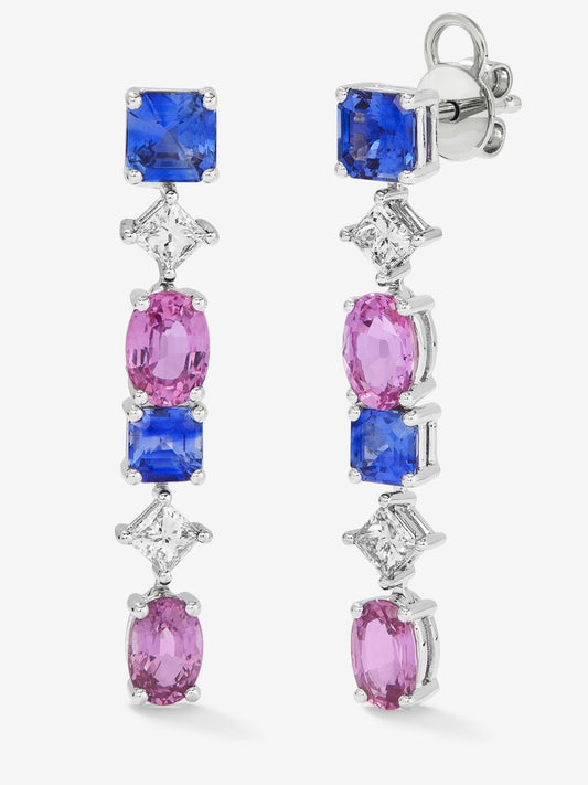 Pendientes de oro blanco de 18K con zafiros azules en talla octogonal de 2,19 cts, zafiros rosas en talla oval de 2,96 cts y diamantes blancos en talla princesa de 0,65 cts