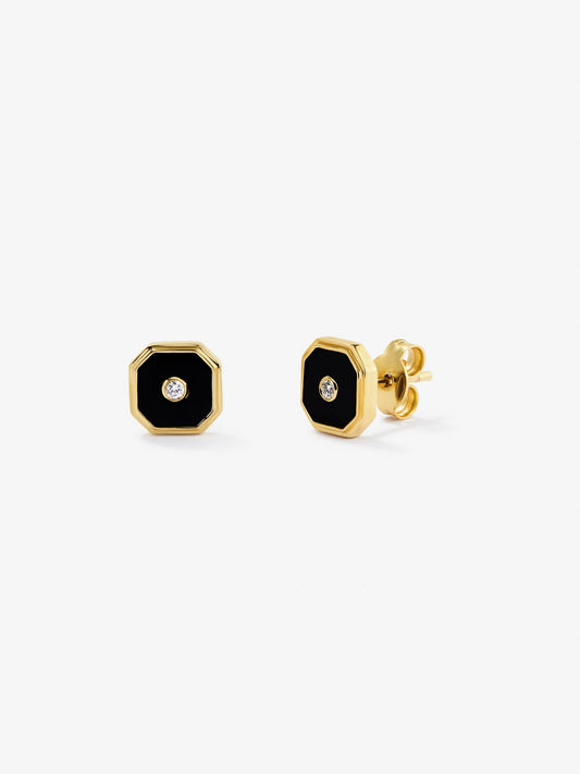 Pendientes de sello de oro amarillo de 18K con onix negro y diamantes en talla brillante con un total de 0,04 cts
