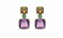 Pendientes de oro amarillo con esmeraldas, amatistas moradas y cuarzos citrinos amarillos