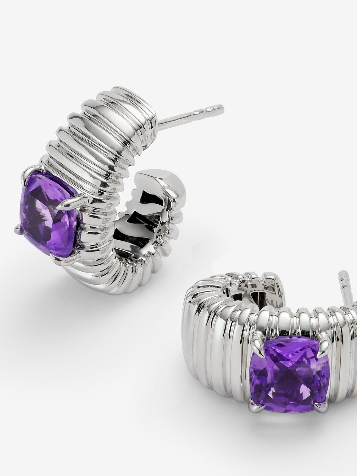 Pendientes gallonados de plata 925 con amatista morada