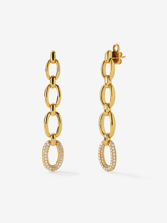 Pendientes largos de eslabones de oro amarillo de 18K con pavé de diamantes