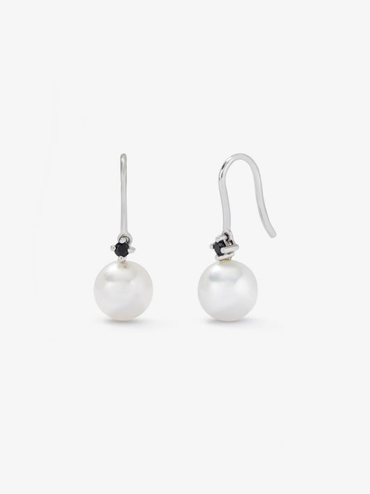 Pendientes colgantes de plata 925 con espinela negra 0,13cts y perla akoya de 8mm