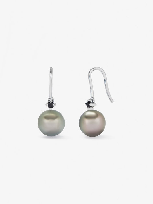 Pendientes de aro de plata 925 con 2 espinelas negras y 2 perlas de Tahití de 8,5mm