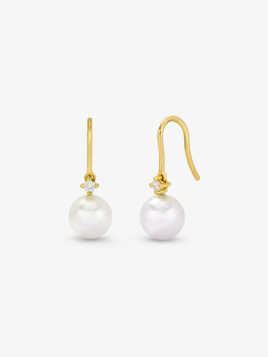 Pendiente colgante de oro amarillo de 18k con perla akoya de 8 mm y diamante