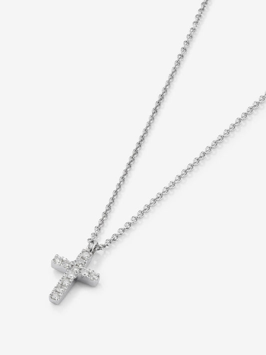 Colgante cadena cruz de oro blanco de 18K con diamantes