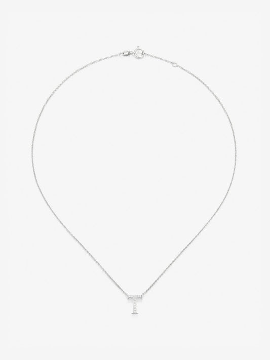 Colgante de oro blanco de 18K con letra T y diamantes blancos en talla brillante