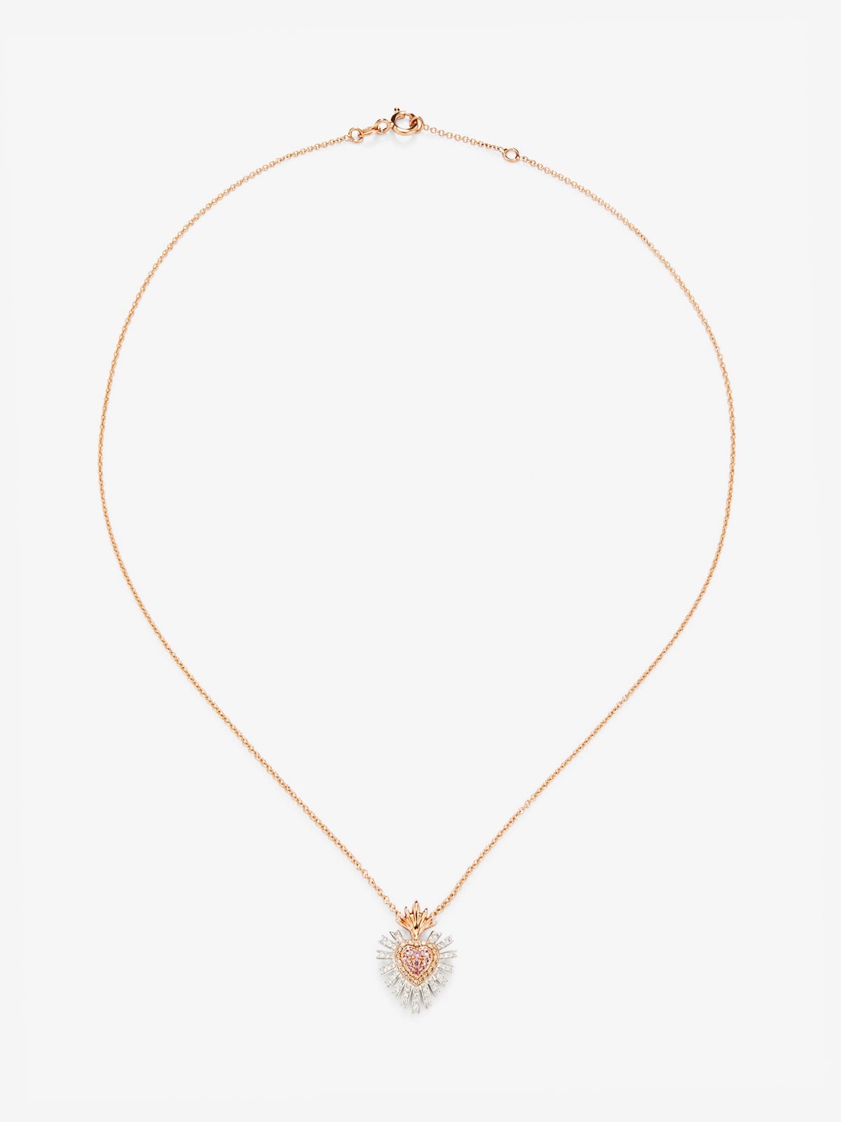 Colgante de oro blanco y rosa de 18K con 9 zafiros rosas en talla brillante con un total de 0,1 cts, 46 diamantes blancos en talla brillante con un total de 0,18 cts y 18 diamantes marrones en talla brillante con un total de 0,08 cts
