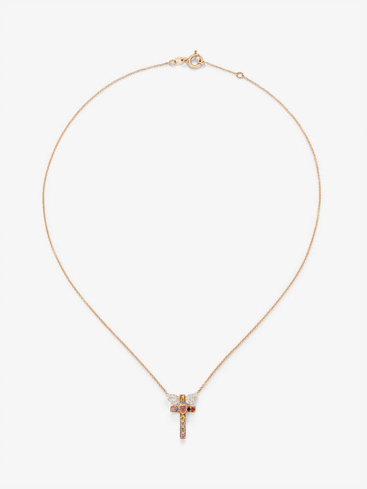 Colgante cadena cruz de oro rosa de 18K con zafiro y diamante