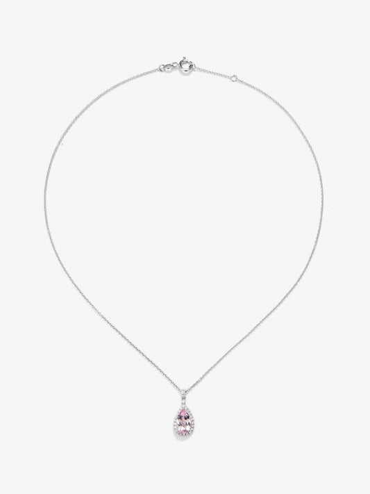 Colgante de oro blanco de 18K con morganita rosa en talla pera de 1,44 y 29 diamantes en talla brillante con un total de 0,19 cts