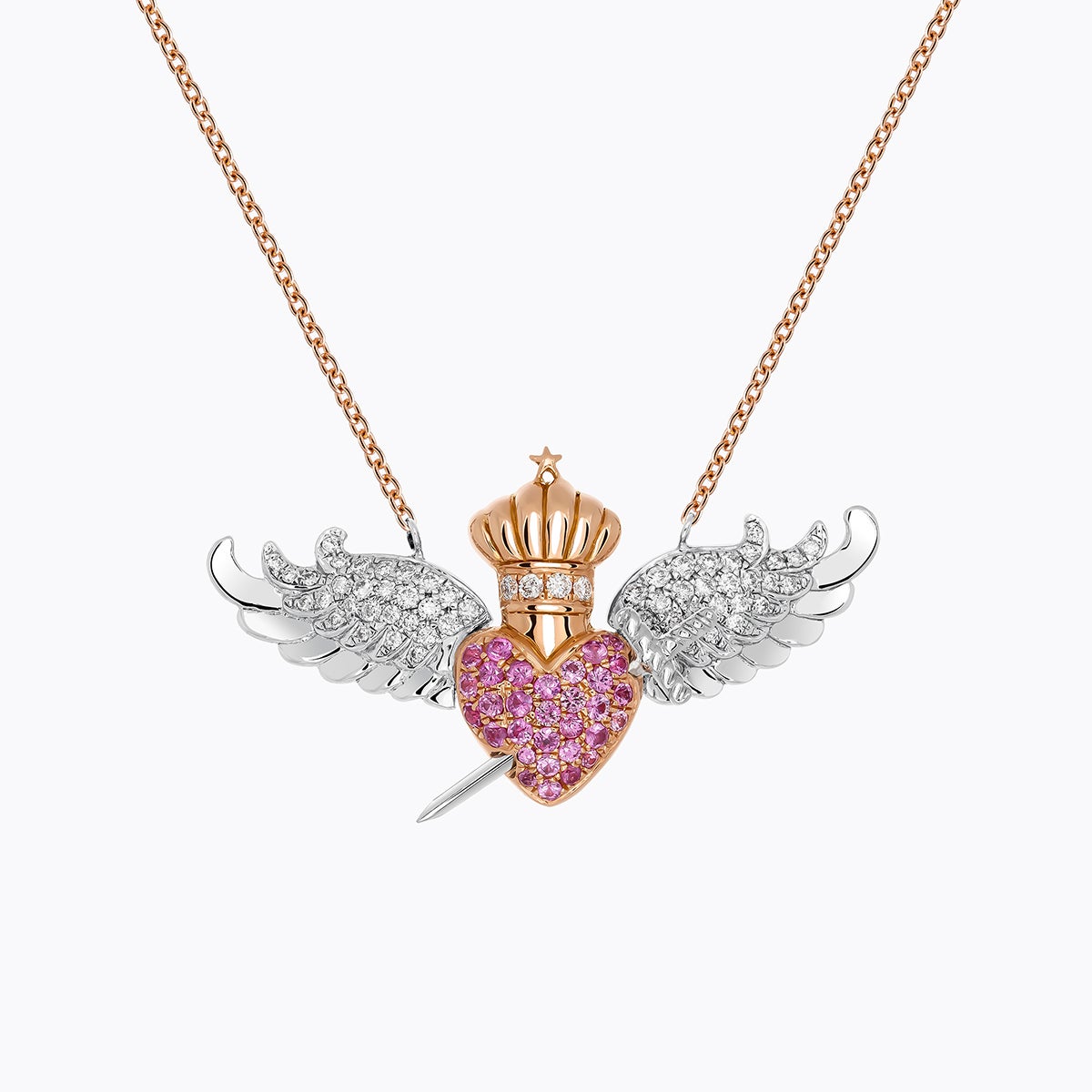 Colgante cadena de oro blanco y rosa de 18K con 60 diamantes en talla brillante con un total de  0,33 cts y 25 zafiros rosas en talla brillante con un total de 0,29 cts