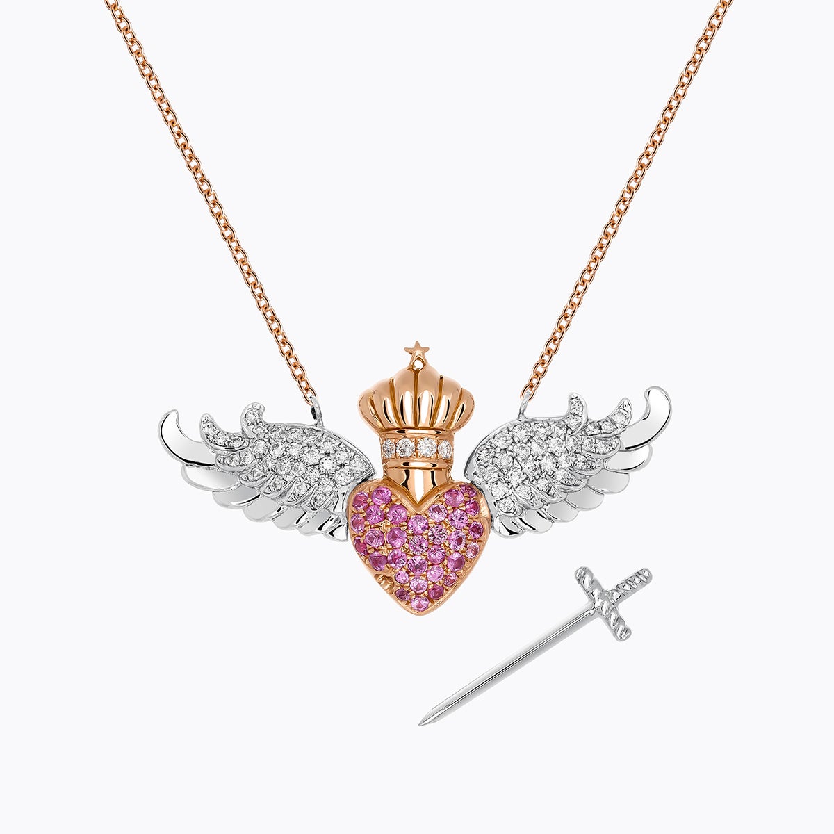 Colgante cadena de oro blanco y rosa de 18K con 60 diamantes en talla brillante con un total de  0,33 cts y 25 zafiros rosas en talla brillante con un total de 0,29 cts