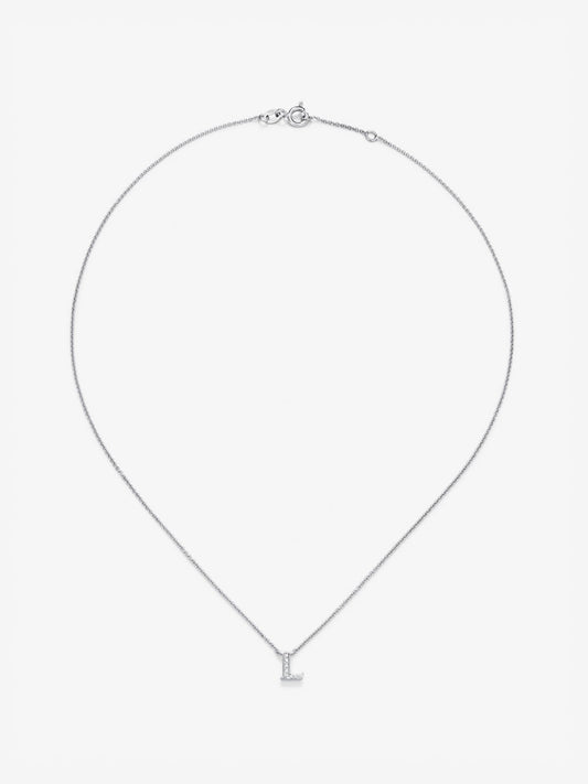 Colgante de oro blanco de 18K con letra L en pavé de 5 diamantes en talla brillante con un total de 0,02 cts