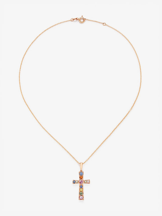 Colgante cadena cruz de oro rosa de 18K con zafiro