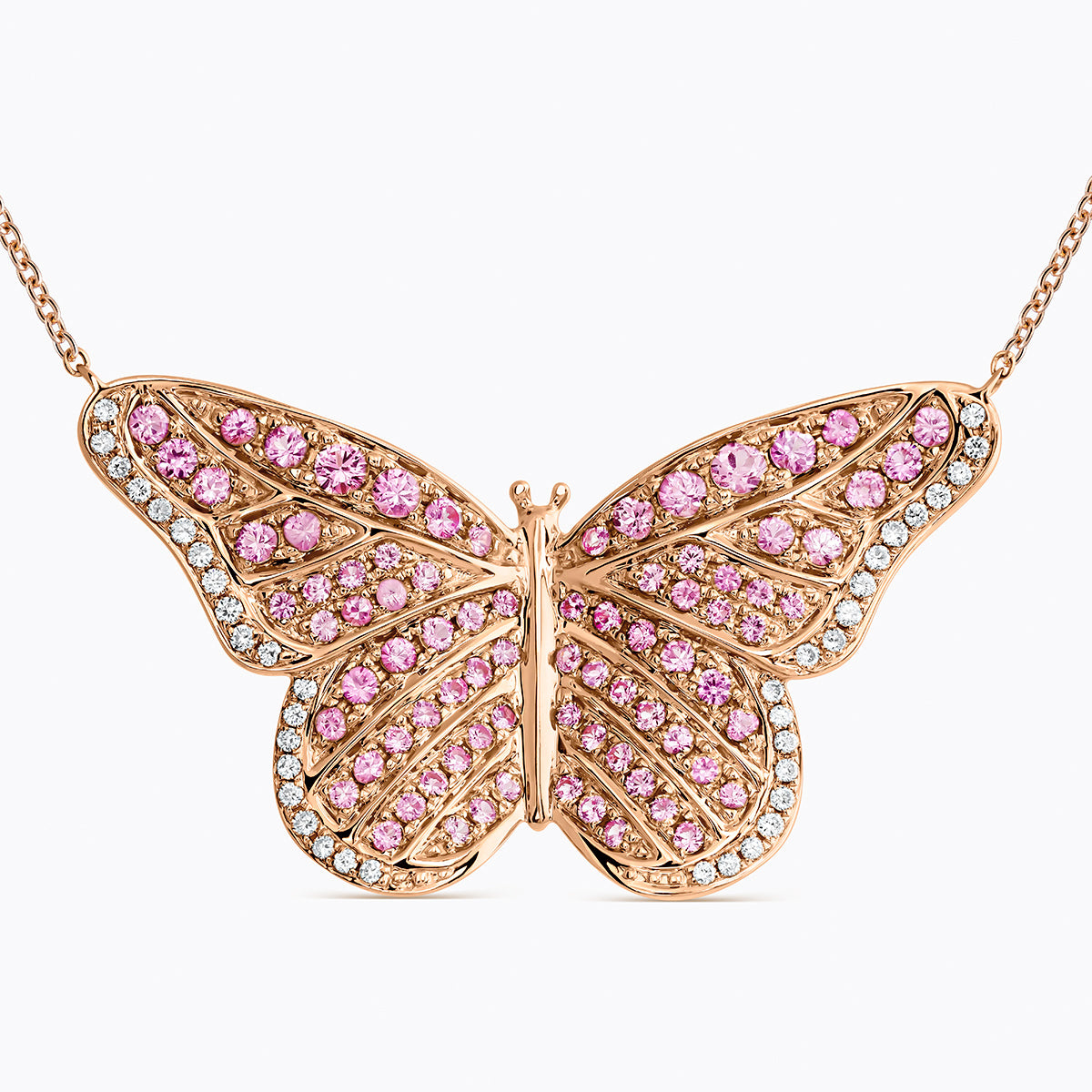 Colgante mariposa de oro rosa de 18K con 82 zafiros rosas en talla brillante con un total de 1,74 cts y 40 diamantes en talla brillante con un total de 0,13 cts
