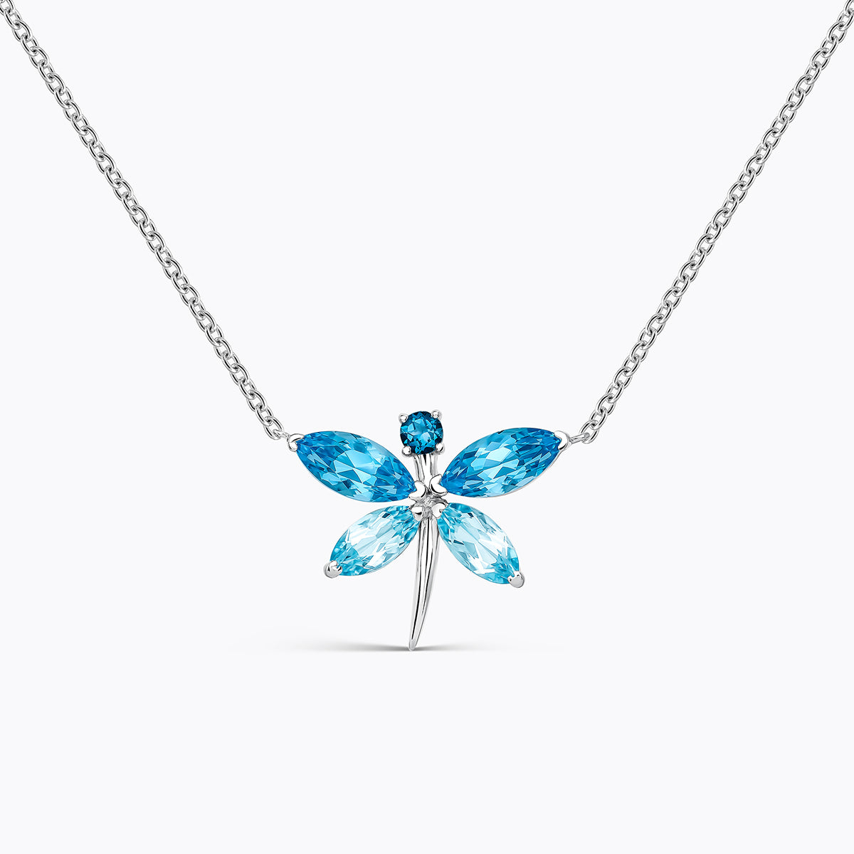 Colgante cadena insecto de plata 925 con topacios azul swiss,azul london y azul sky en talla marquise y brillante