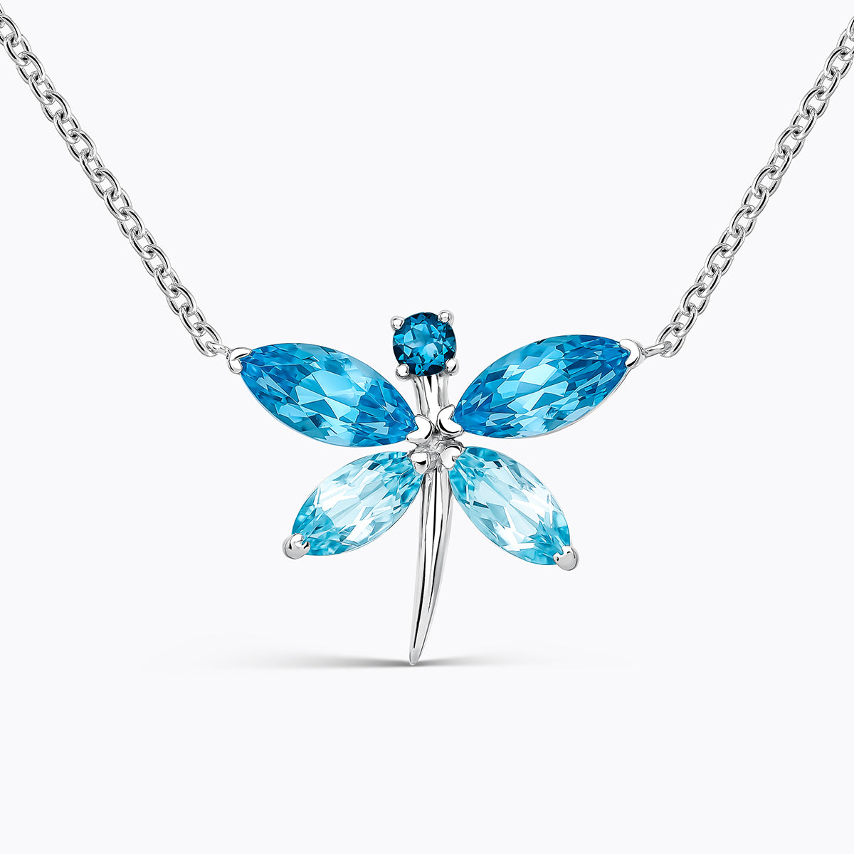 Colgante cadena insecto de plata 925 con topacios azul swiss,azul london y azul sky en talla marquise y brillante
