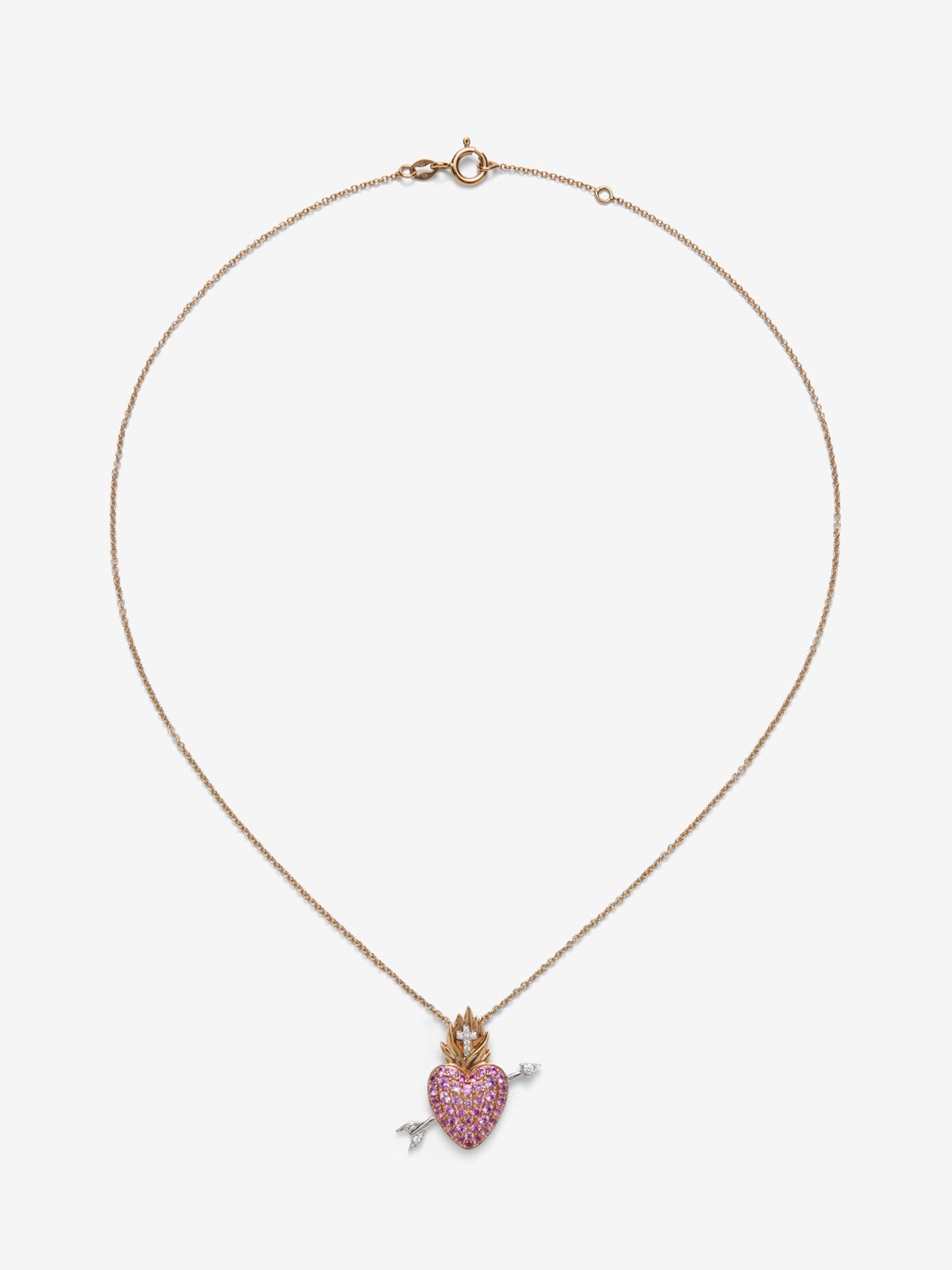 Colgante cadena corazón de oro blanco y rosa de 18K con 9 diamates en talla brillante con un total de 0,04 y 41 zafiros rosas en talla brillante con un total de 0,8 cts