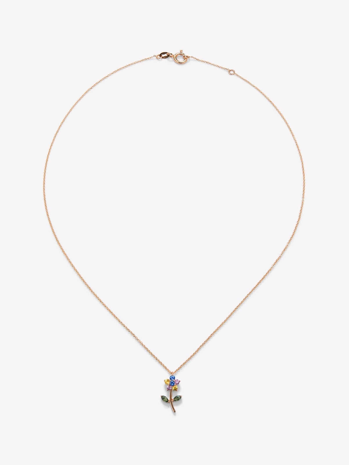 Colgante de oro rosa de 18K con zafiros verdes y multicolor en forma de flor