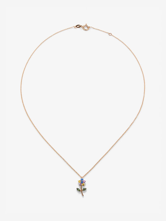 Colgante de oro rosa de 18K con zafiros verdes y multicolor en forma de flor