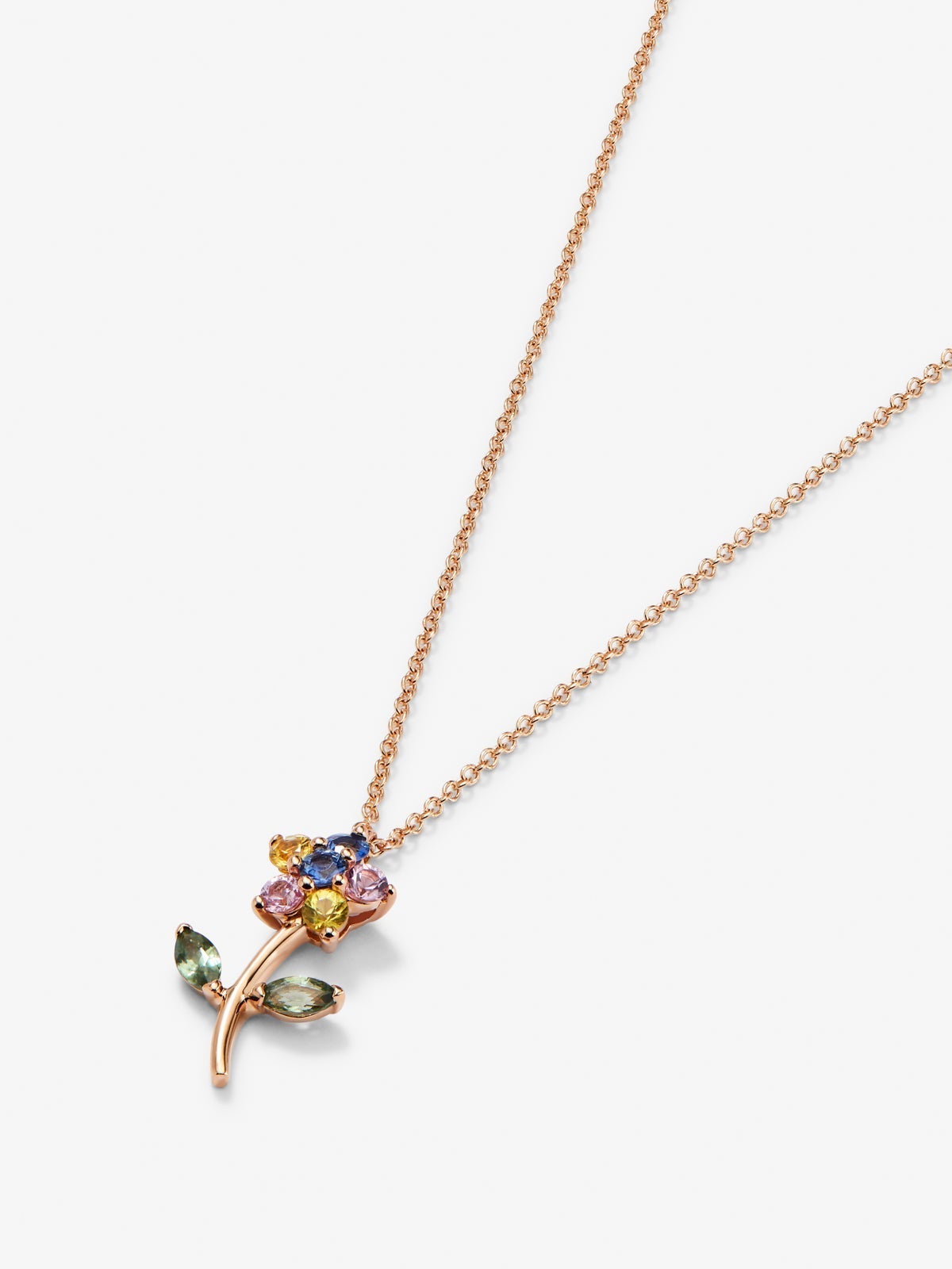 Colgante de oro rosa de 18K con zafiros verdes y multicolor en forma de flor
